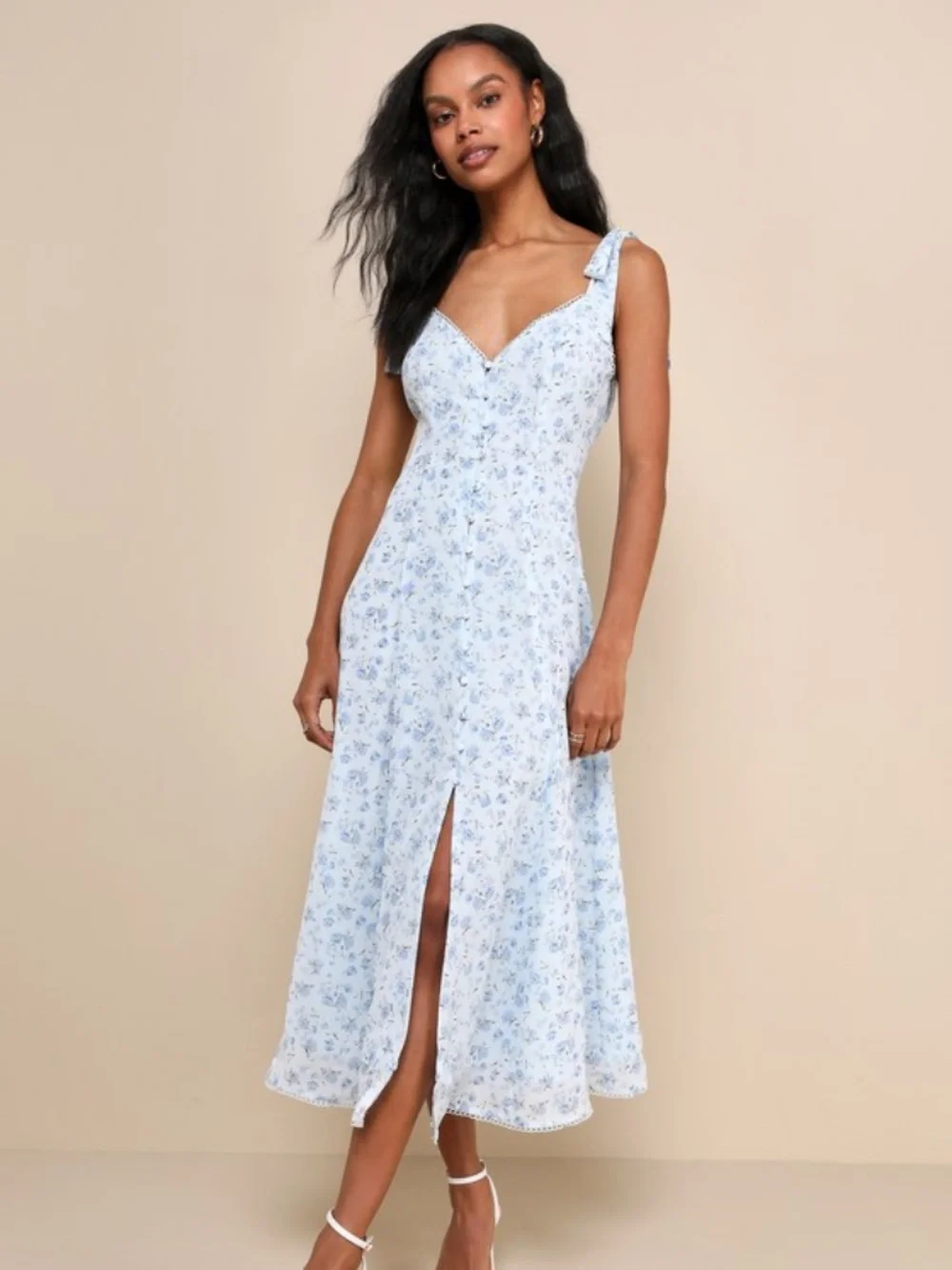 Lulus Charismatic Persona Light Blue Floral Tie-strap Midi Dress - Size XL - Picture 1 of 1